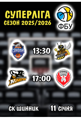 Афіша Харківські соколи - Київ-Баскет, Черкаські мавпи - Рівне, Дніпро - 2026-01-11 13:30:00